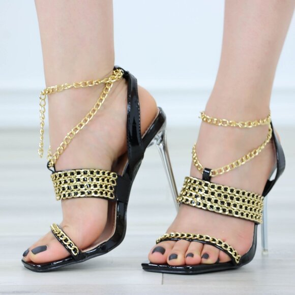 Open Toe High Heel Sandals Gold Chain Ankle Strap Patent Leather Stilettos - Picture 13 of 13